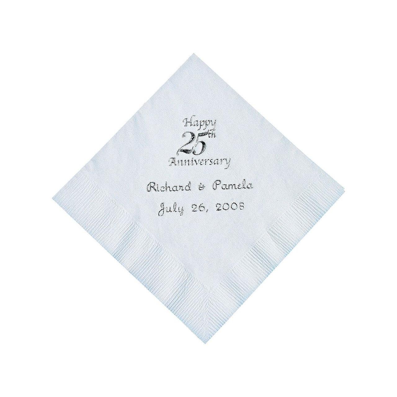 Personalized Silver And White 25th Anniversary Beverage Napkins | 25th ...